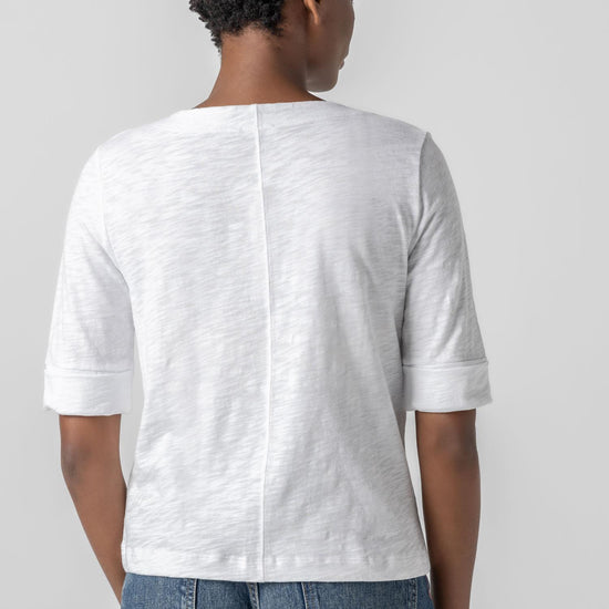 Cuffed Sleeve Split Neck Womens Top White A2