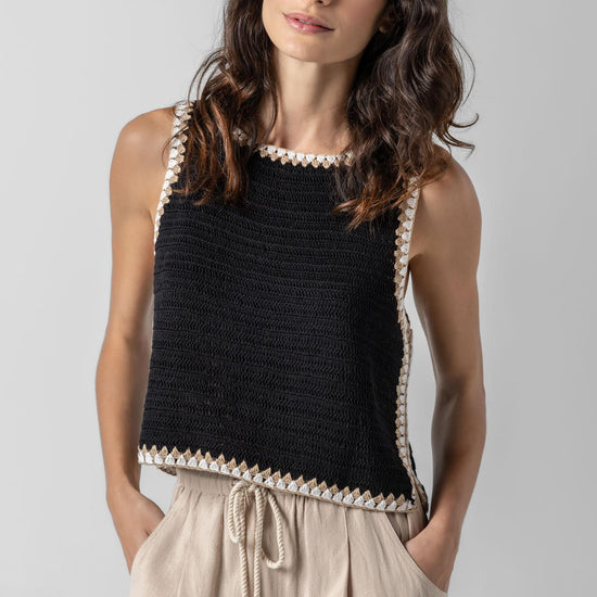 <p>Our multicolor Crochet Tank is a truly special piece, hand-crocheted by artisans in India. With its slightly shorter length, it pairs perfectly with our Air Textured Cotton bottoms, creating a balanced and effortless summer look. Thoughtfully crafted and full of detail, this tank adds a unique touch to your warm-weather wardrobe.</p> Womens Top Black A1