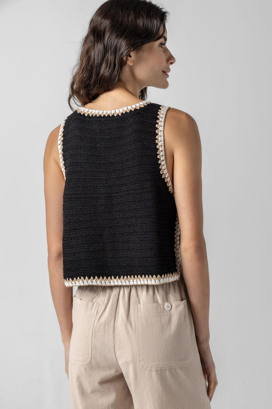 <p>Our multicolor Crochet Tank is a truly special piece, hand-crocheted by artisans in India. With its slightly shorter length, it pairs perfectly with our Air Textured Cotton bottoms, creating a balanced and effortless summer look. Thoughtfully crafted and full of detail, this tank adds a unique touch to your warm-weather wardrobe.</p> Womens Top Black A3