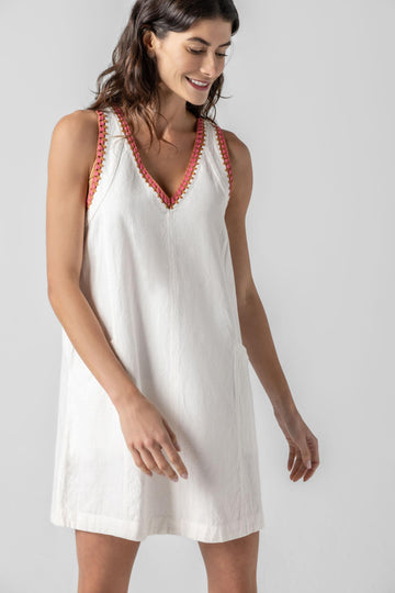 Crochet Trim V-Neck Dress Womens Dress Ivory A1