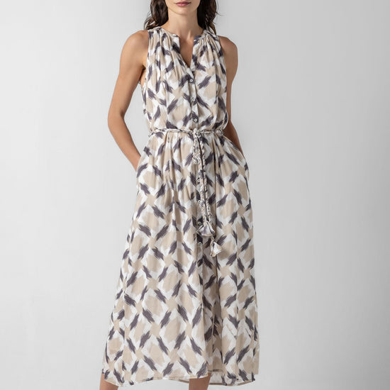 Split Neck Belted Maxi Dress in color Neutral Ikat Print Image A1
