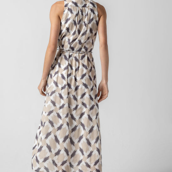 Split Neck Belted Maxi Dress in color Neutral Ikat Print Image A3