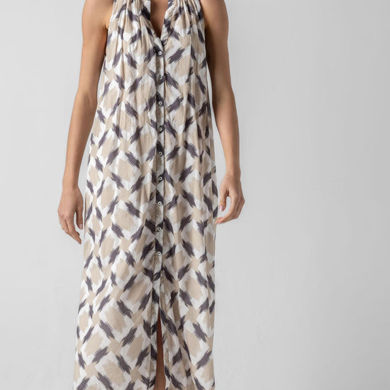 Split Neck Belted Maxi Dress in color Neutral Ikat Print Image A4