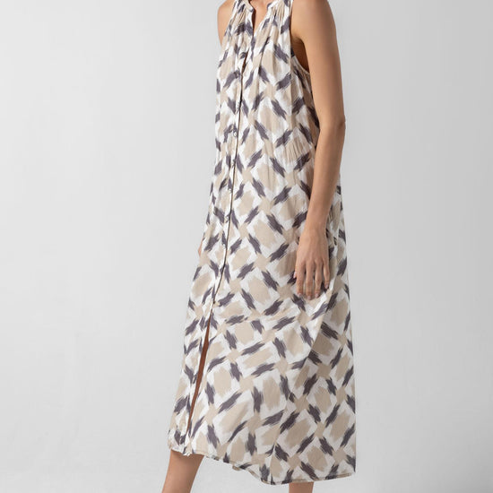 Split Neck Belted Maxi Dress in color Neutral Ikat Print Image A5