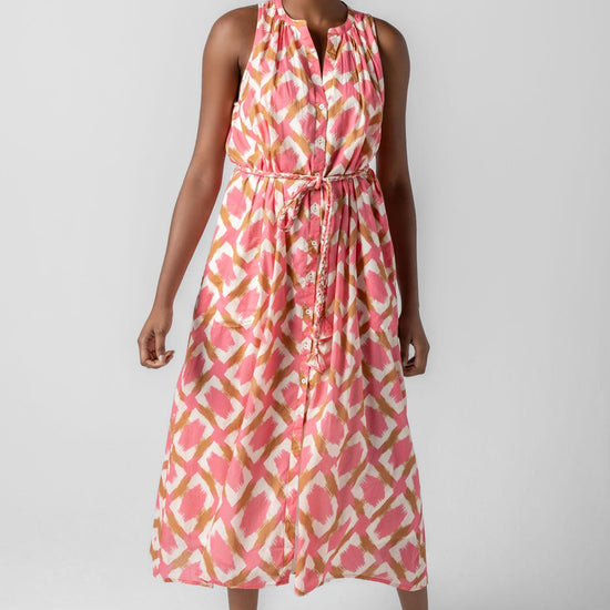 Split Neck Belted Maxi Dress in color Punch Ikat Print Image A1