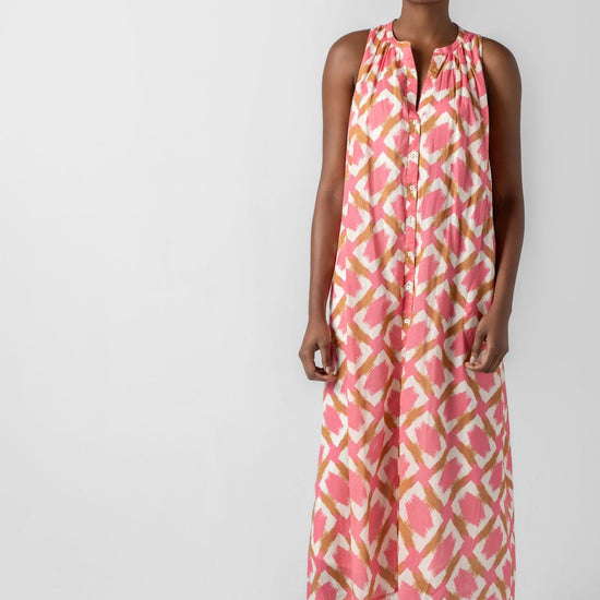 Split Neck Belted Maxi Dress in color Punch Ikat Print Image A2