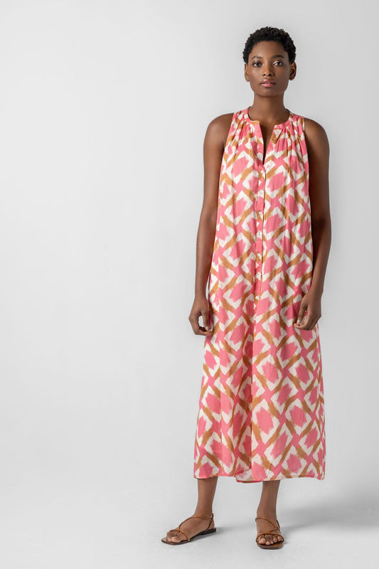 Split Neck Belted Maxi Dress in color Punch Ikat Print Image A2