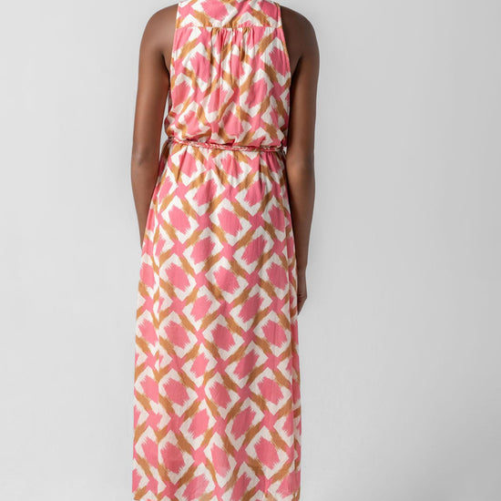 Split Neck Belted Maxi Dress in color Punch Ikat Print Image A3