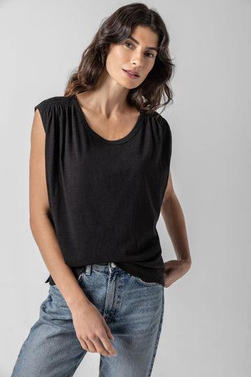 Shirred Shoulder Scoop Neck in color Black Image A1