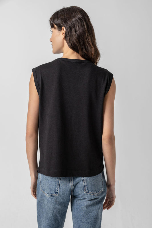 Shirred Shoulder Scoop Neck in color Black Image A2