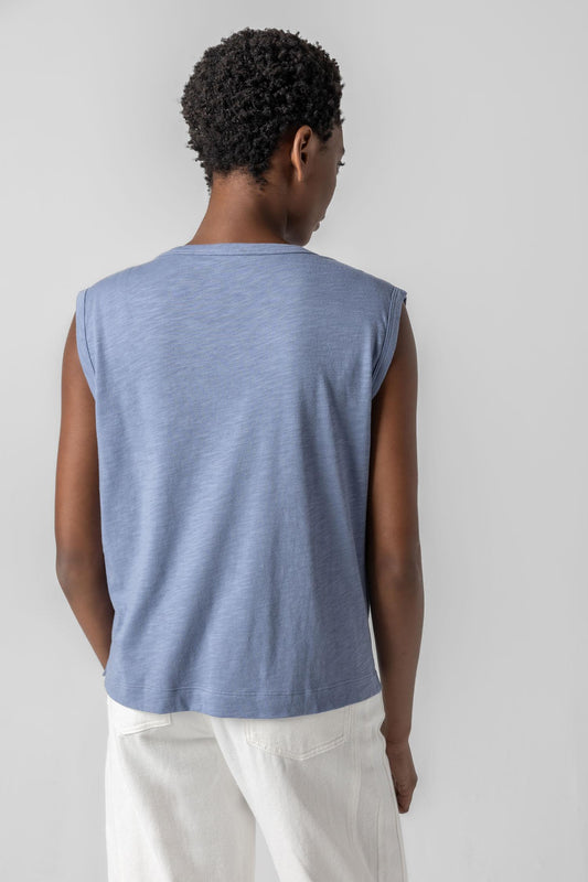 Shirred Shoulder Scoop Neck in color Indigo Image A2