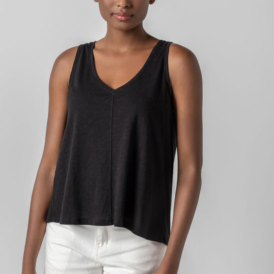 Shirred Back V-Neck Tank in color Black Image A1