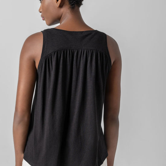 Shirred Back V-Neck Tank in color Black Image A2
