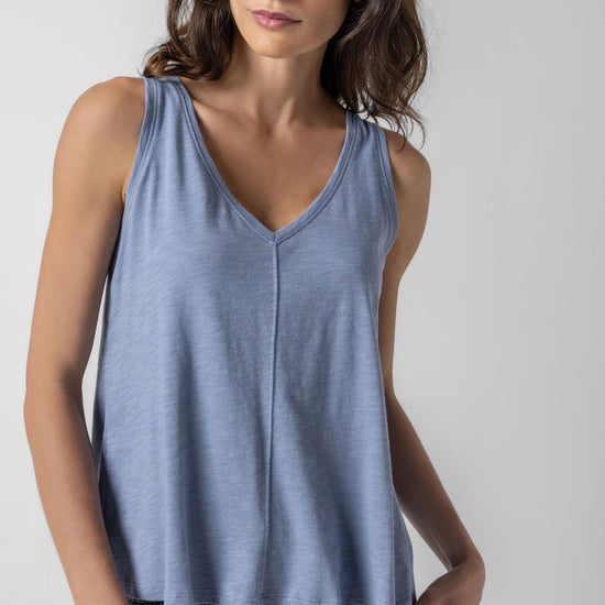 Shirred Back V-Neck Tank in color Indigo Image A1
