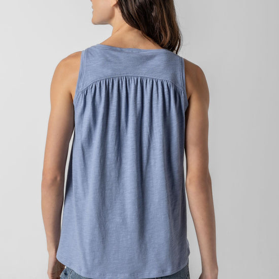 Shirred Back V-Neck Tank in color Indigo Image A2