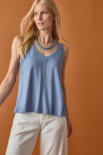 Shirred Back V-Neck Tank in color Indigo Image C1