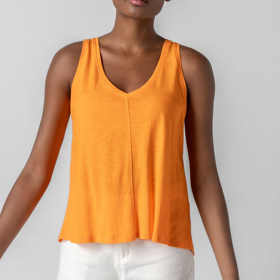 Shirred Back V-Neck Tank in color Sunkist Image A1