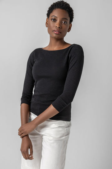 Striped 3/4 Sleeve Boatneck in color Black Image A1