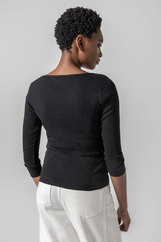 Striped 3/4 Sleeve Boatneck Womens Top Black A2