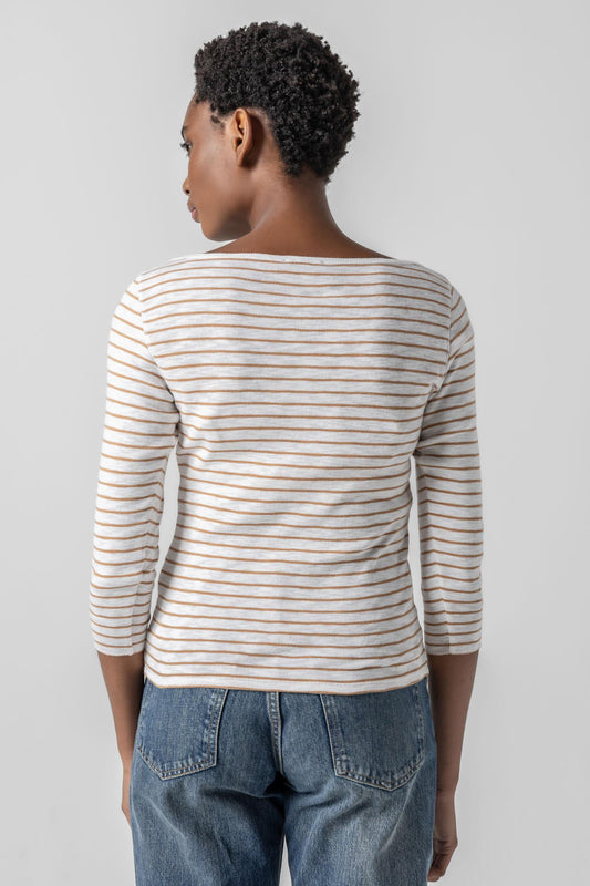 Striped 3/4 Sleeve Boatneck Womens Top Teak Stripe A2