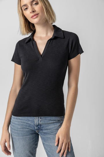 Striped Polo Tee Womens Top Black A1