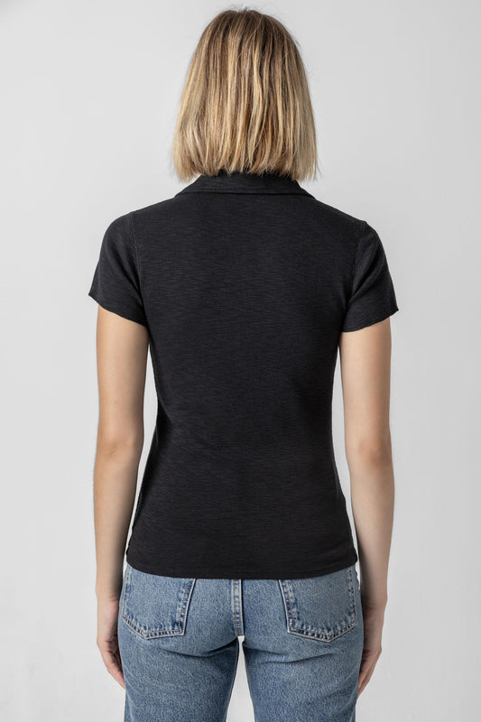 Striped Polo Tee Womens Top Black A2