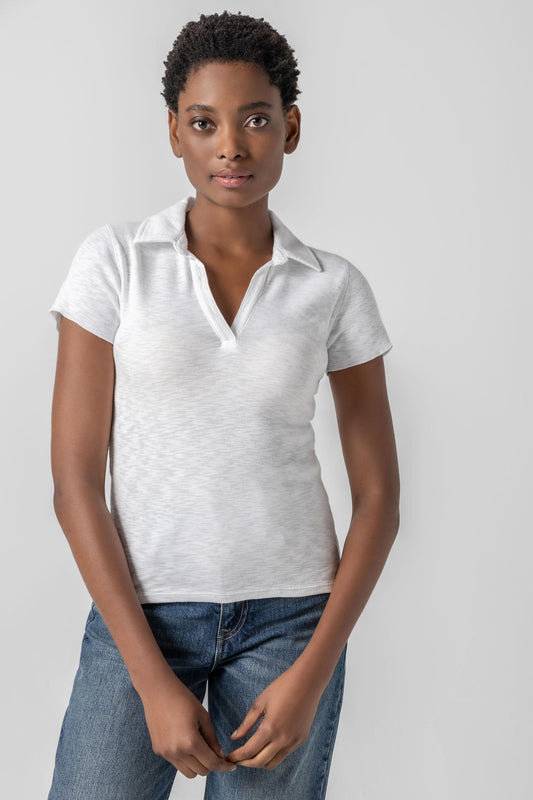 Striped Polo Tee Womens Top White A1