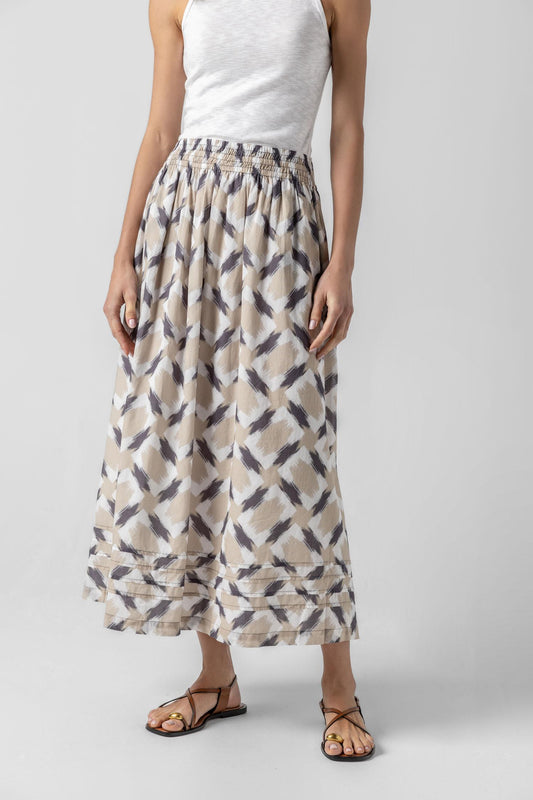 Shirred Elastic Waist Skirt in color Neutral Ikat Print Image A3