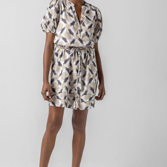 Shirred Elbow Sleeve Dress Womens Dress Neutral Ikat Print A1