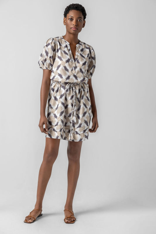Shirred Elbow Sleeve Dress Womens Dress Neutral Ikat Print A1