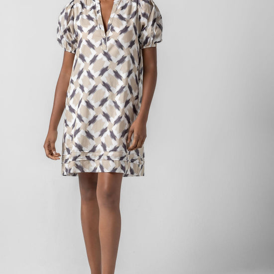 Shirred Elbow Sleeve Dress Womens Dress Neutral Ikat Print A2
