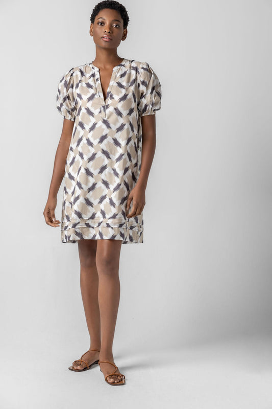 Shirred Elbow Sleeve Dress Womens Dress Neutral Ikat Print A2
