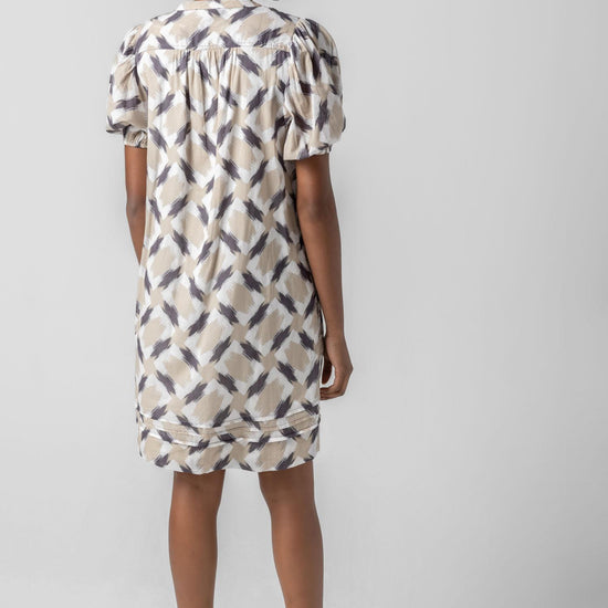 Shirred Elbow Sleeve Dress Womens Dress Neutral Ikat Print A3