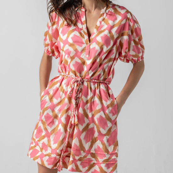 Shirred Elbow Sleeve Dress Womens Dress Punch Ikat Print A1