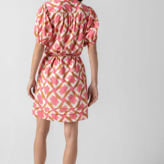 Shirred Elbow Sleeve Dress Womens Dress Punch Ikat Print A4
