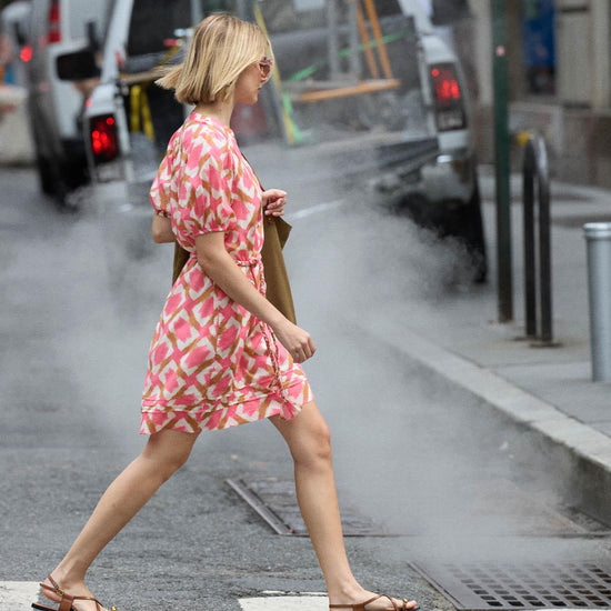 Shirred Elbow Sleeve Dress Womens Dress Punch Ikat Print C1