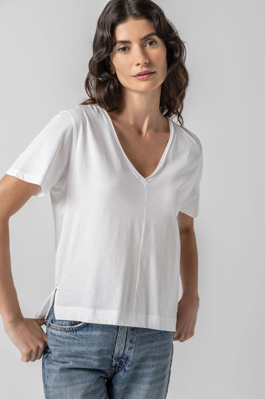 Easy Short Sleeve V-Neck Womens Top White A1