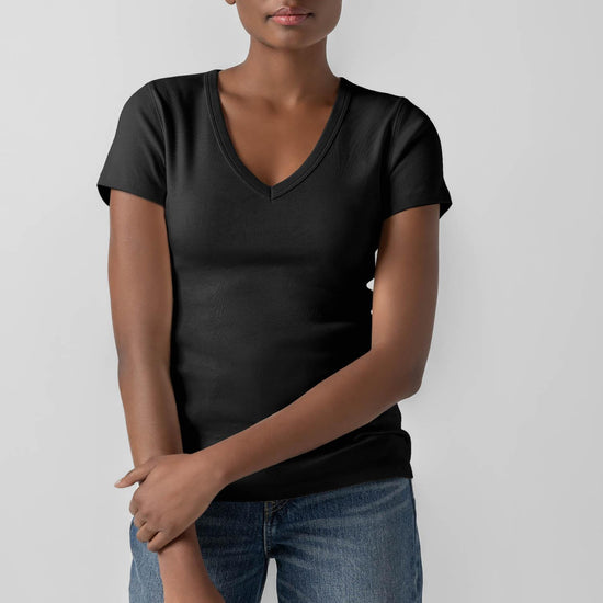 Short Sleeve V-Neck Womens Top Black A1