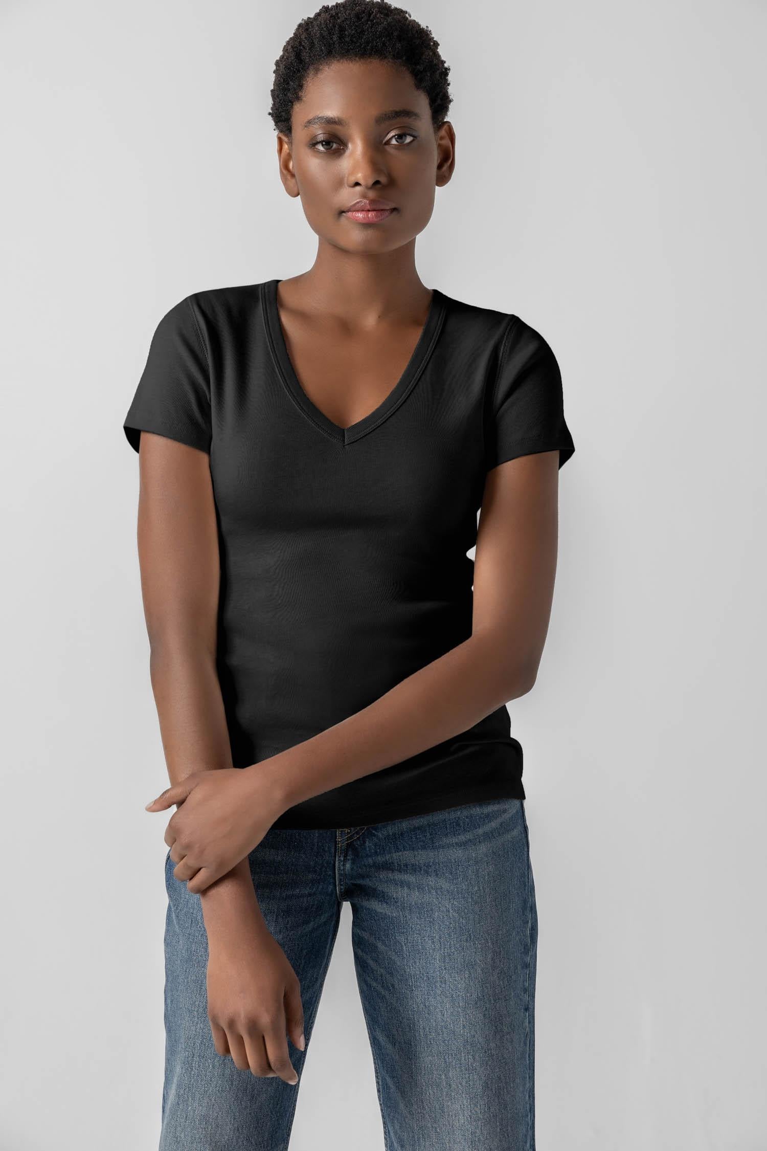 Short Sleeve V-Neck Womens Top Black A1