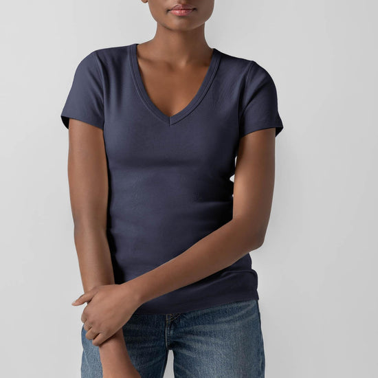 Short Sleeve V-Neck Womens Top Dark Navy A1