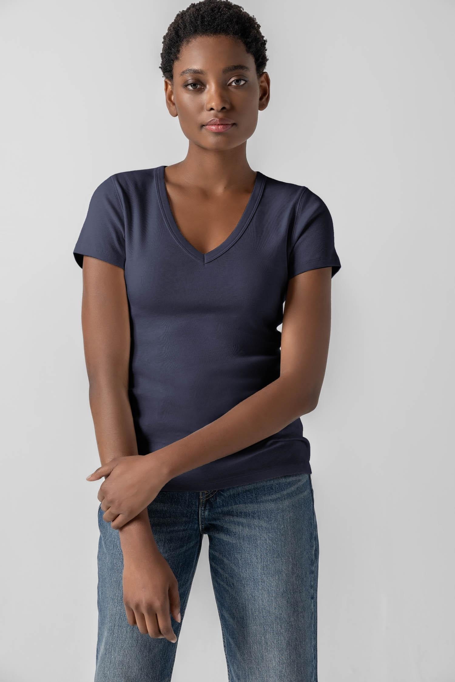 Short Sleeve V-Neck Womens Top Dark Navy A1