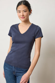 Short Sleeve V-Neck Womens Top Dark Navy A1