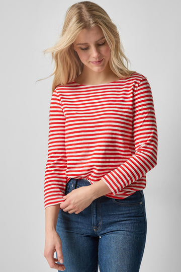 3/4 Sleeve Striped Boatneck in color Poppy Stripe Image A1