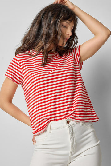 Striped Cap Sleeve Crewneck Womens Top Poppy Stripe A3