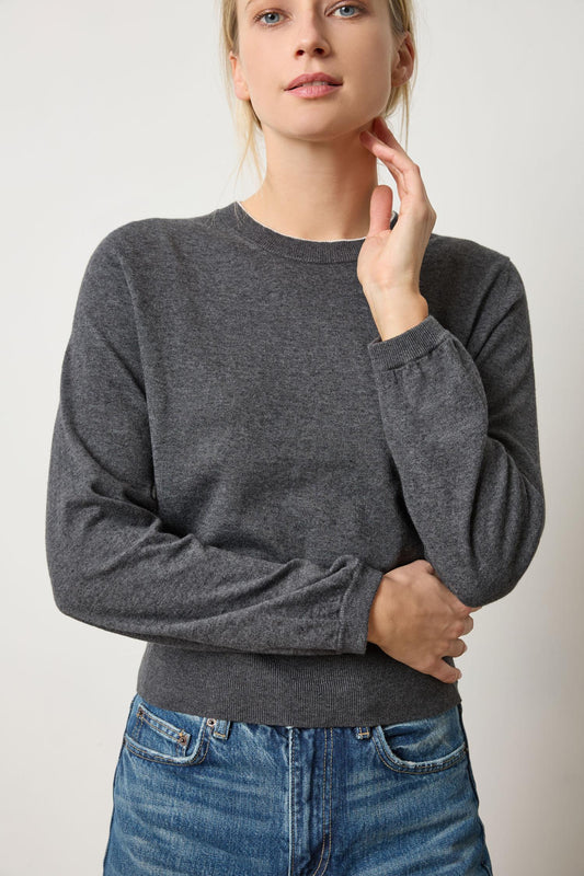 Pleated Sleeve Crewneck Sweater Womens Sweater Licorice A1