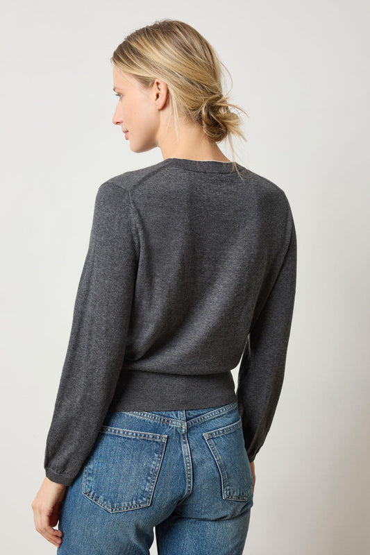 Pleated Sleeve Crewneck Sweater Womens Sweater Licorice A2
