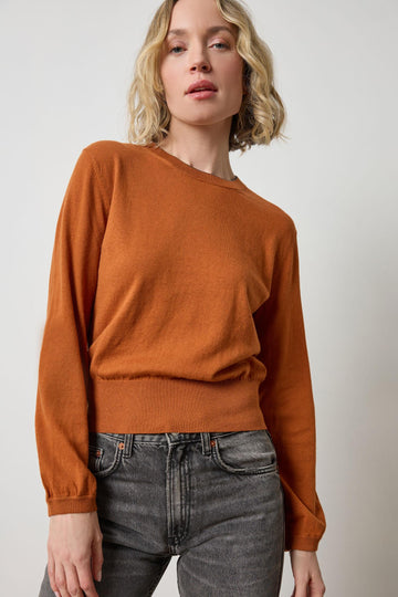 Pleated Sleeve Crewneck Sweater Womens Sweater Sierra A1