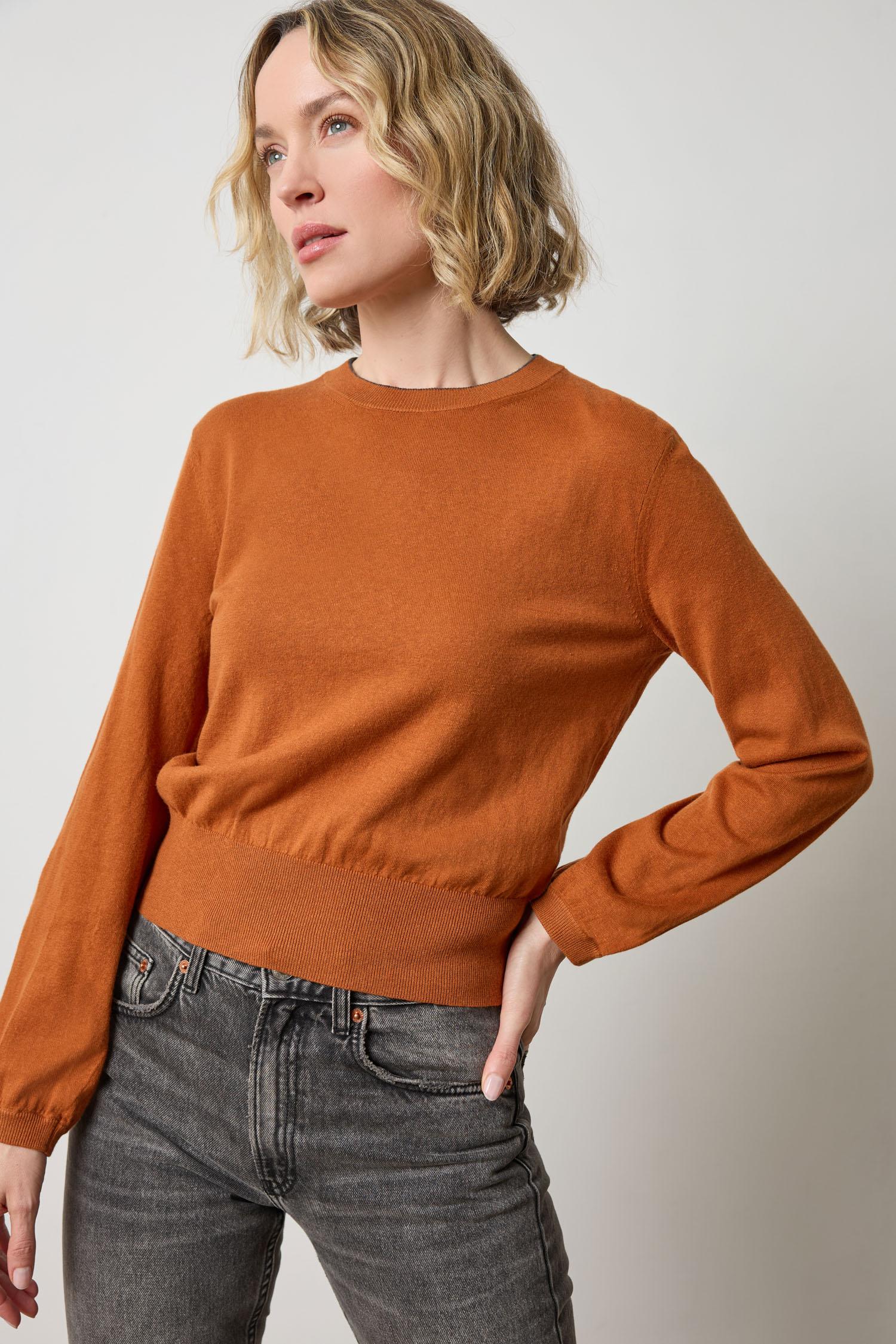 Pleated Sleeve Crewneck Sweater Womens Sweater Sierra A3