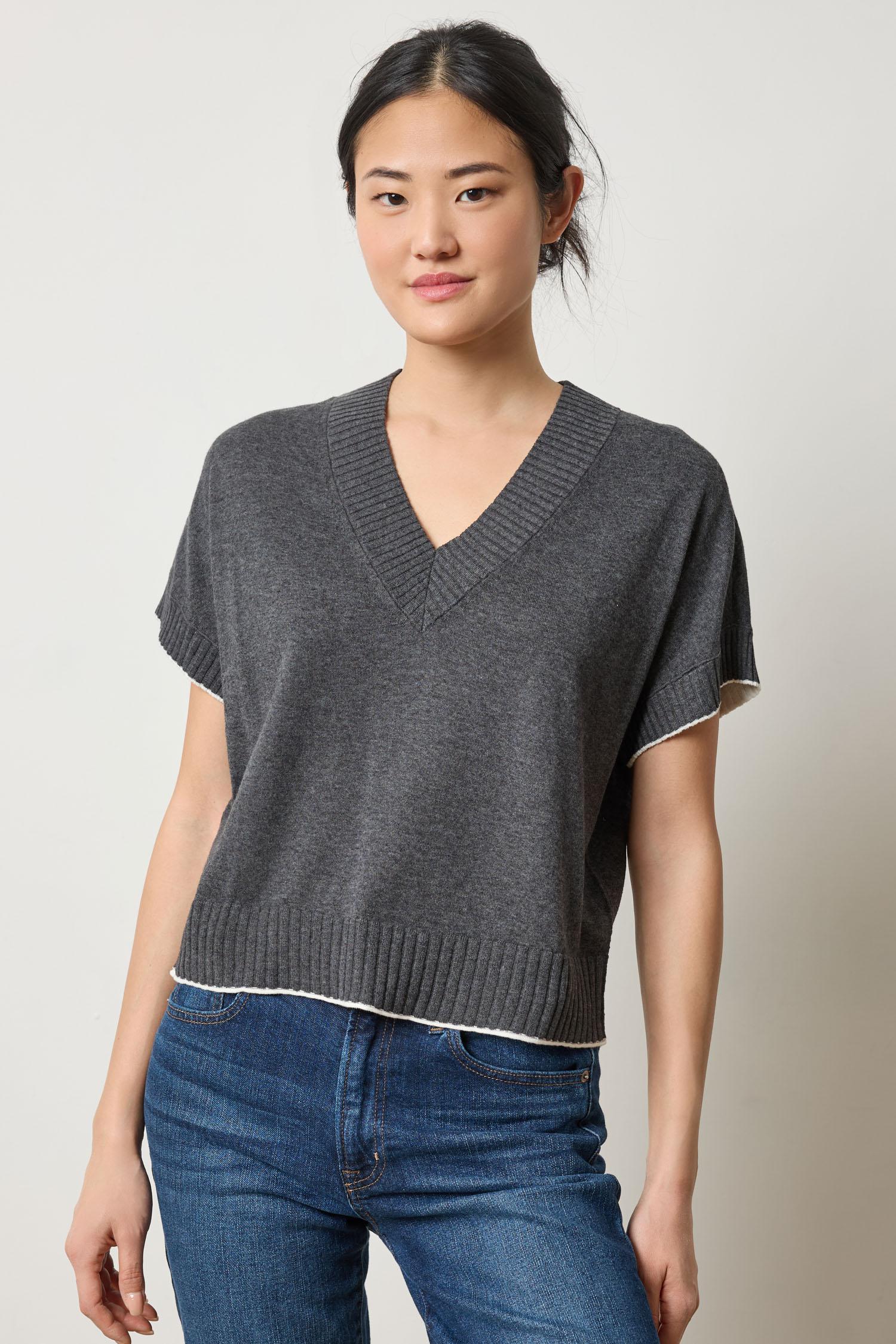 Pleated Sleeve Crewneck Sweater Womens Sweater Licorice A1