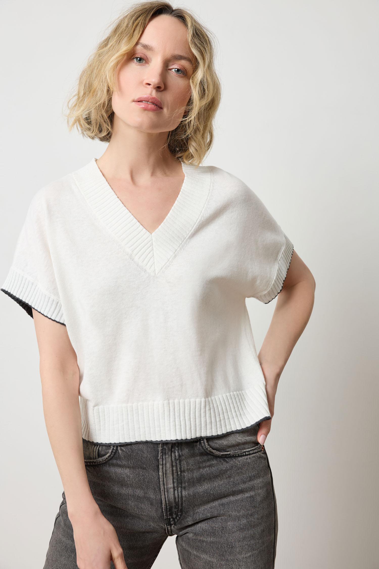 Pleated Sleeve Crewneck Sweater Womens Sweater Pearl A1